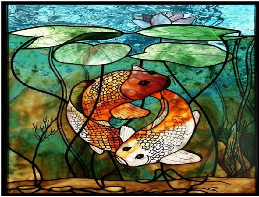 Koi-Fische, Blätter, Kunst, Teich HD-Hintergrundbild