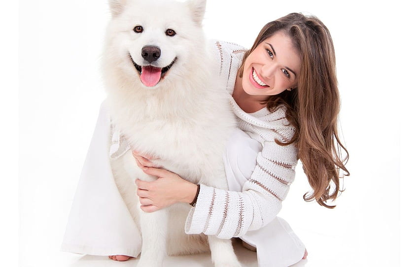 girl, joy, smile, dog, husky, sweater for , section настроения HD wallpaper