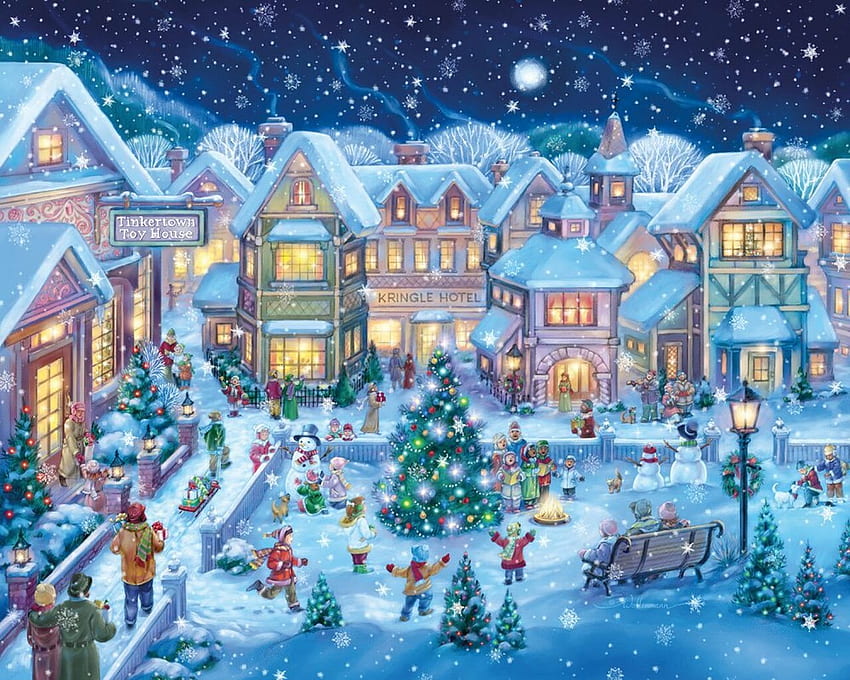 Holiday Village Square - 1000pc Jigsaw Puzzle By Vermont Christmas Company HD wallpaper