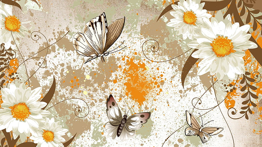Splatter Tag - Kwiaty Zdrowie Motyle Żółta farba Apel Pachnący złoty aromat Papillon Aromatyczny ziołowy brąz Tapeta HD