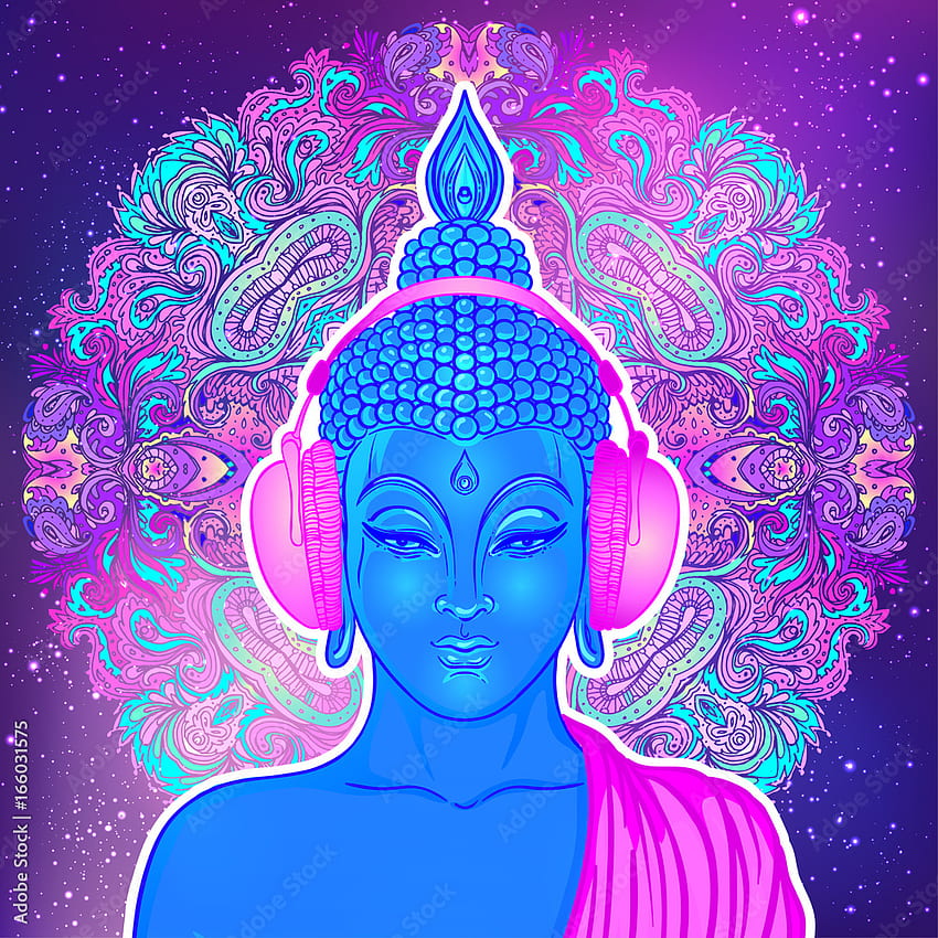 Buddha modern mendengarkan musik di headphone dengan warna neon yang diisolasi dengan warna putih. Ilustrasi vektor. Komposisi psychedelic antik. India, Buddhisme, musik trance. Stok Vektor, Buddha Neon wallpaper ponsel HD