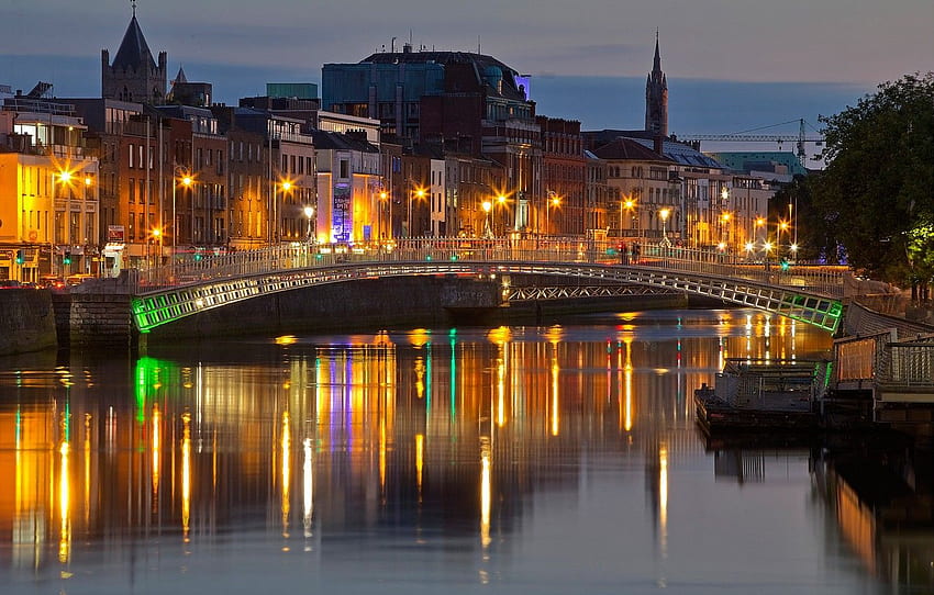 night, bridge, lights, river, home, Ireland, Dublin HD wallpaper