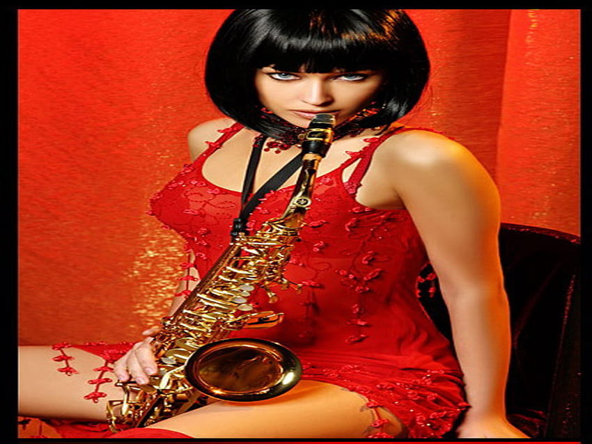 wanita berbaju merah, gairah, saksofon, merah, cantik Wallpaper HD