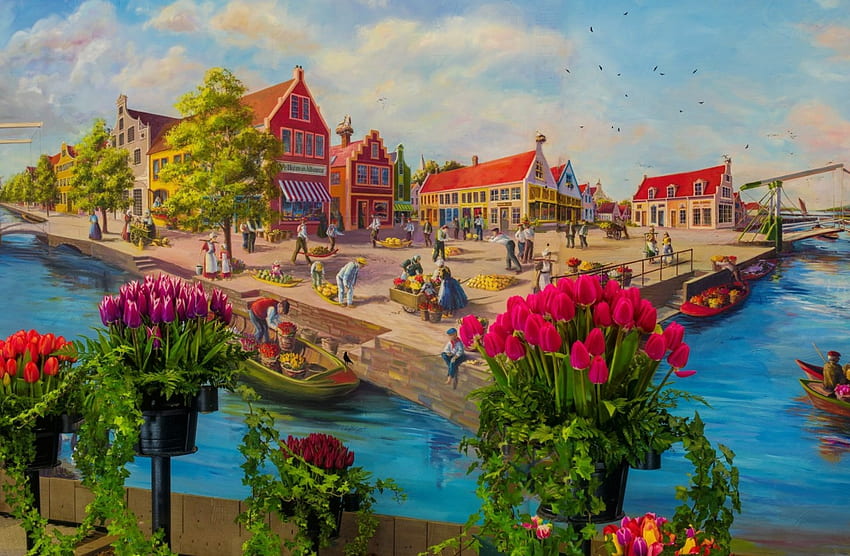 Holanda paisaje, barco, arte, holandés, paisaje, pacífico, hermoso, tulipanes, lago, pintura, flores, holanda, agua, pueblo, campo fondo de pantalla
