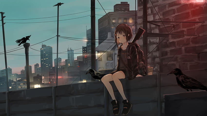 Anime Girl นั่งอยู่คนเดียวบนหลังคา Sad Laptop Full,, พื้นหลัง, และ, Anime Lonely Sad วอลล์เปเปอร์ HD