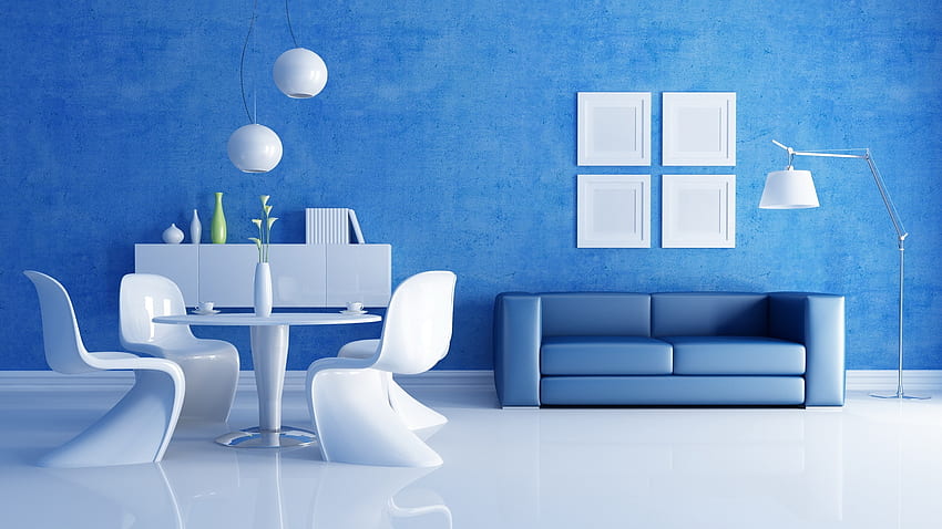 Weißes und blaues Interieur für PC und Mac, blaues Haus HD-Hintergrundbild