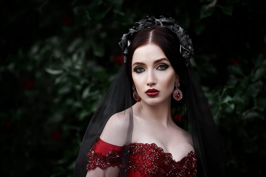Beauty, vampire, red, jewel, earrings, model, face, girl HD wallpaper