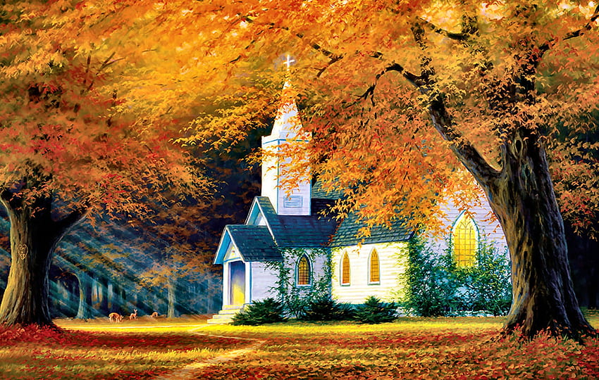 Church in the Glen F1C, Architektur, Kapelle, Kunst, Herbst, schön, Illustration, Kirche, Kunstwerk, Landschaft, Breit, religiös, Malerei, Herbst HD-Hintergrundbild