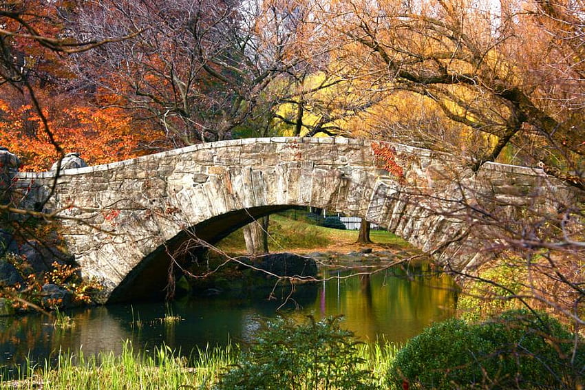 Stone Bridge Central Park 건축물 센트럴 파크 가을 교량 맨하탄 돌 다리 뉴욕 연못 HD 월페이퍼