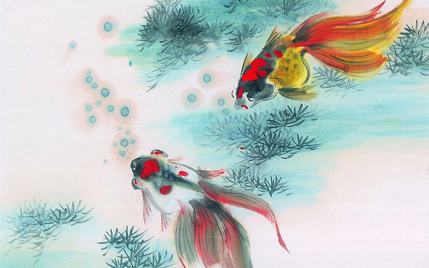 Dipinto cinese a inchiostro del mezzo pesce 11 Sfondo HD