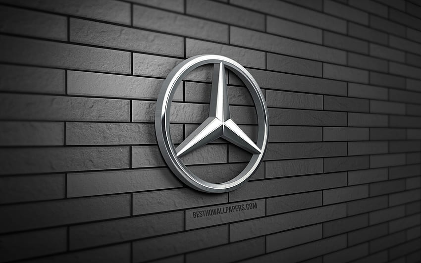 Mercedes-Benz 3D logo, , gray brickwall, creative, cars brands, Mercedes-Benz logo, Mercedes logo, 3D art, Mercedes-Benz metal logo, Mercedes-Benz HD wallpaper