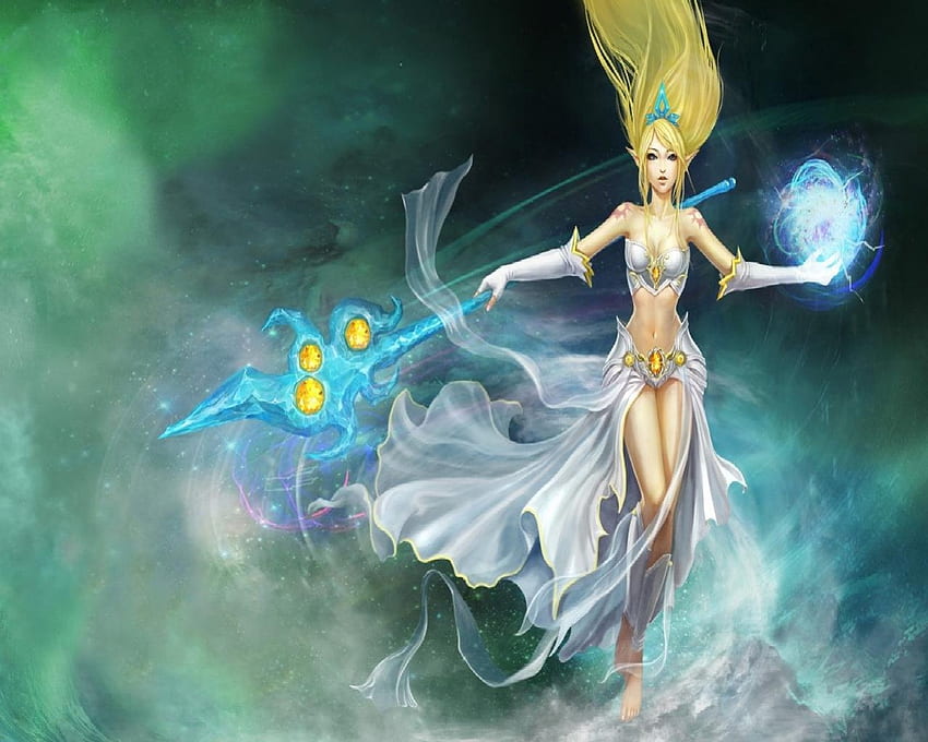 The White Sorceress, magic, blond, staff, fantasy, woman HD wallpaper