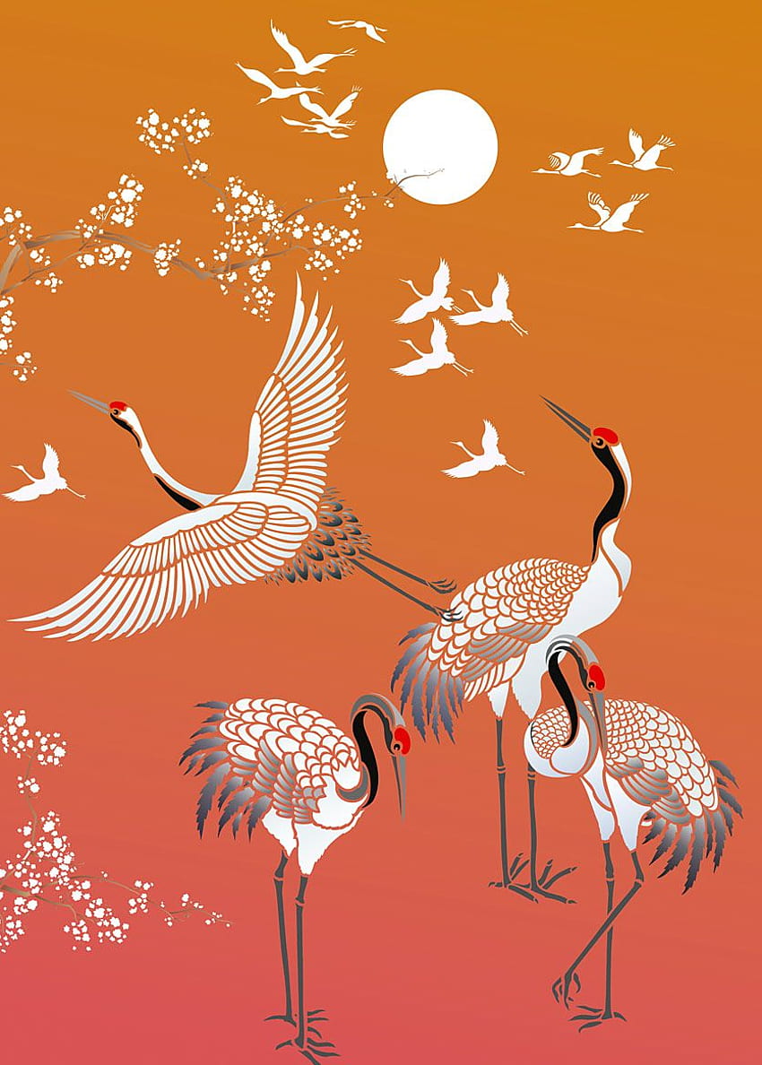All Japanese Cranes Theme Pack Stencil - Henny Donovan Motif, Japanese Crane Painting of Birds HD電話の壁紙