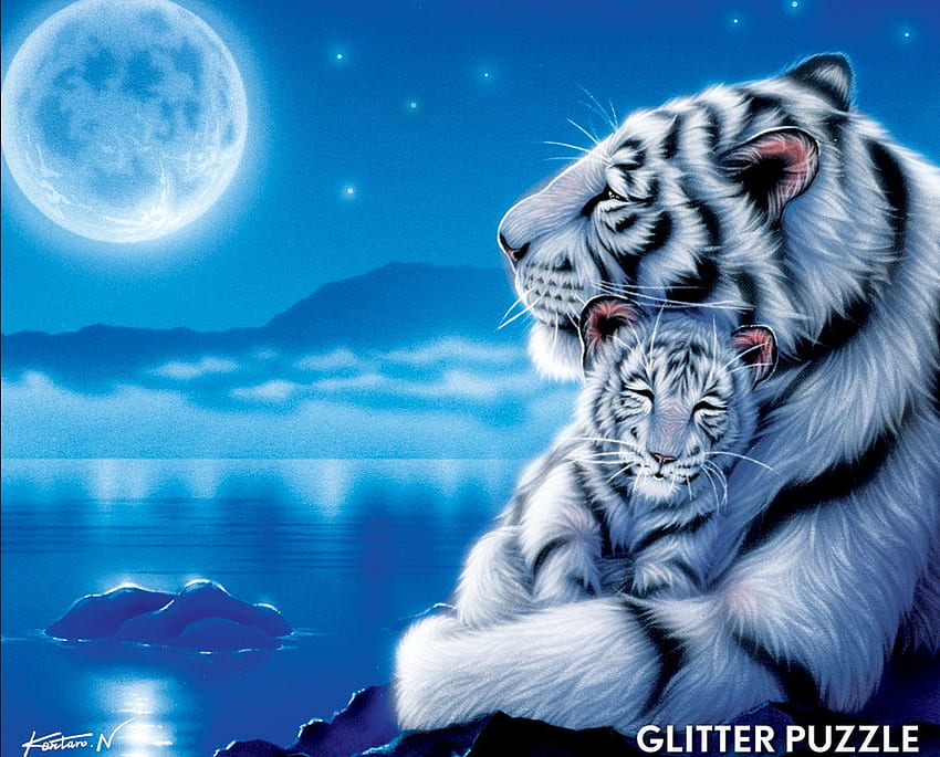 Tigers, family, art, luminos, tiger, mother, baby, animal, cute, fantasy,  summer, HD wallpaper