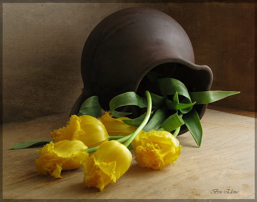 martwa natura, ceramika, grafika, czajnik, piękny, tulipany, miły, kwiat, żółty, chłodny, , bukiet kwiatów Tapeta HD