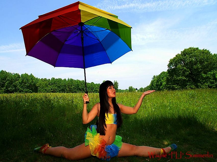 RAINBOW UMBRELLA, umbrella, colorful, rainbow, suit, green, nature, grass HD wallpaper
