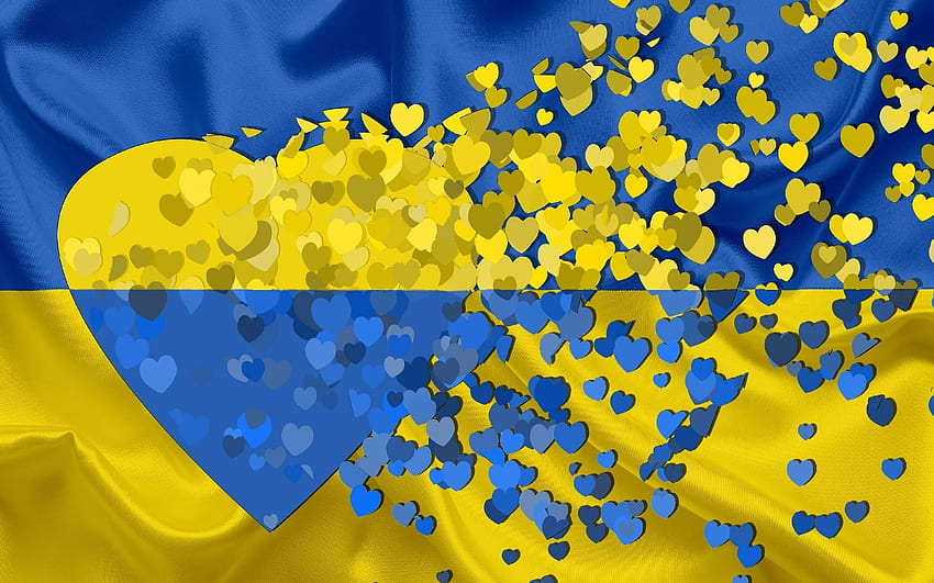 Fique com a Ucrânia, corações, Ucrânia, bandeira, amarelo, azul papel de parede HD