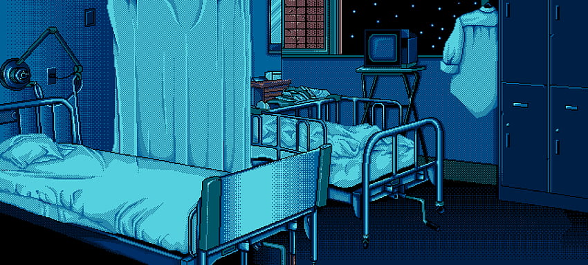 hospital, pixel art, cama, obra de arte, azul, noche, oscuro. Mocah, habitación de hospital fondo de pantalla