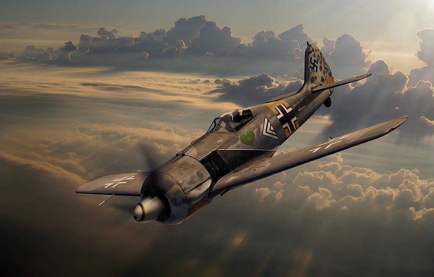 The Sky, Clouds, Figure, Fighter, Art, German, Fw 190, Focke Wulf, WW2, Rays.the Sun For , Section авиация HD wallpaper