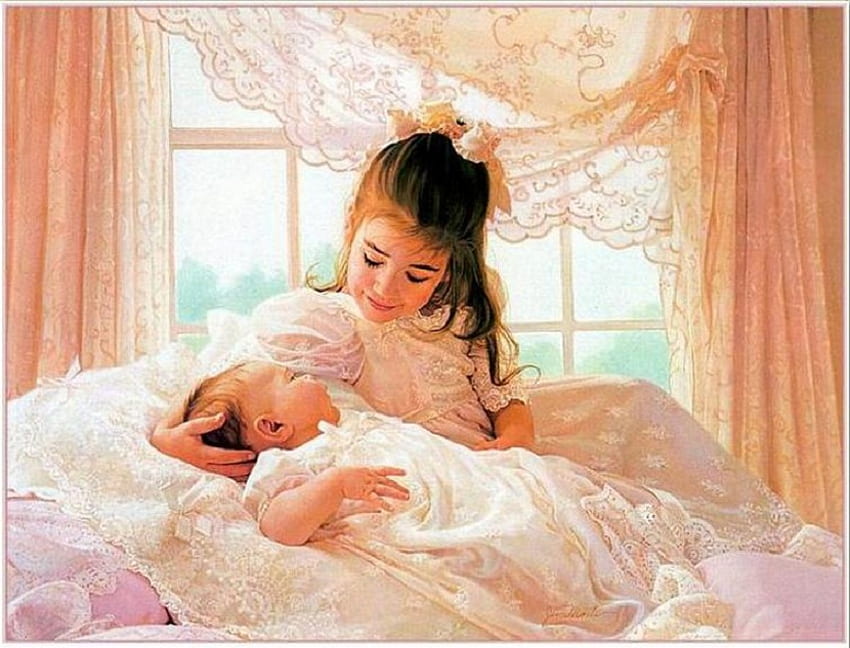 A sister's love, white, children, bed, window, baby, girl, lace, curtain, dress, painting, love, innocence HD wallpaper