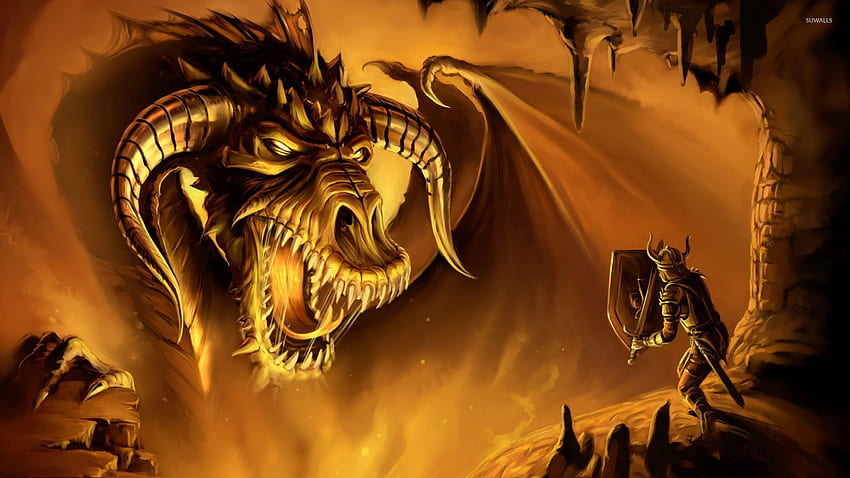 Gigantic dragon fighting with a brave warrior in a cave - Fantasy HD wallpaper