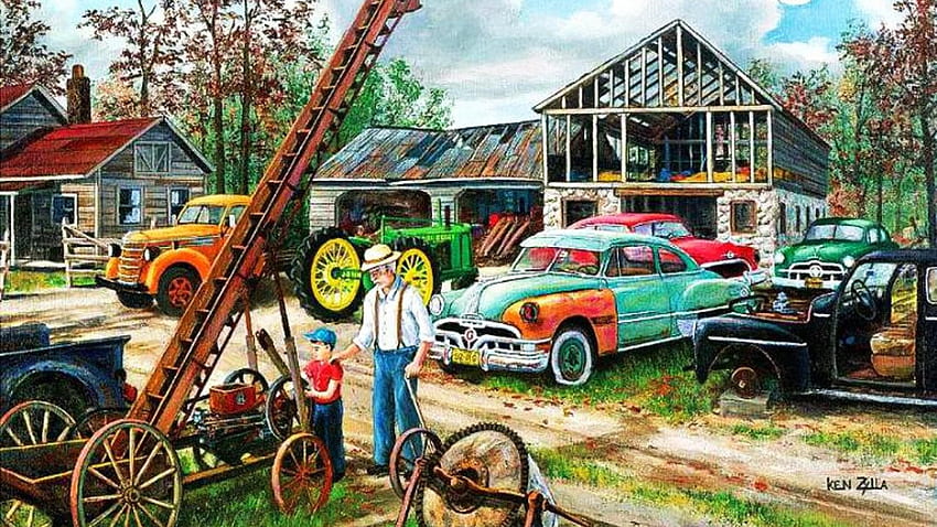 Pintura de arte retrô clássica de automóveis automóveis JUNKYARD, pinturas de carros papel de parede HD