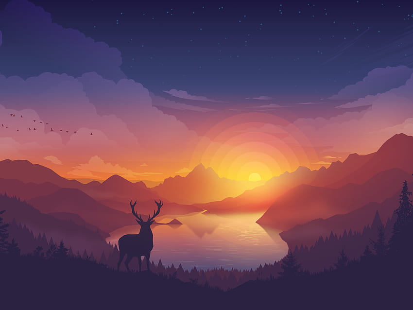 Lakeside , Evening, Deer, Minimal art, Landscape, Scenic, Nature, Deer Aesthetic HD wallpaper