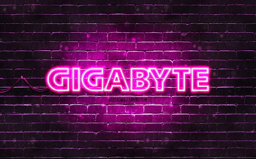 Fioletowe logo Gigabyte, fioletowy mur z cegły, logo Gigabyte, marki, neonowe logo Gigabyte, Gigabyte Tapeta HD