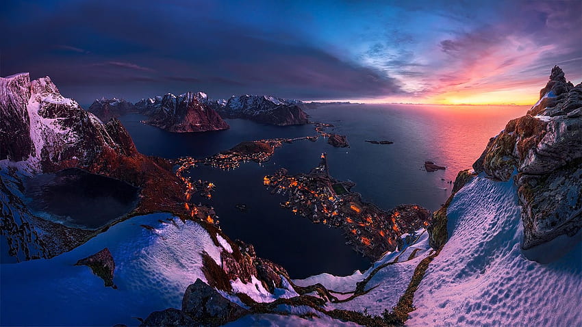 Lofoten Norway Sunset Twilight Over The Horizon Winter Landscape Full Screen, Natal di Norwegia Wallpaper HD