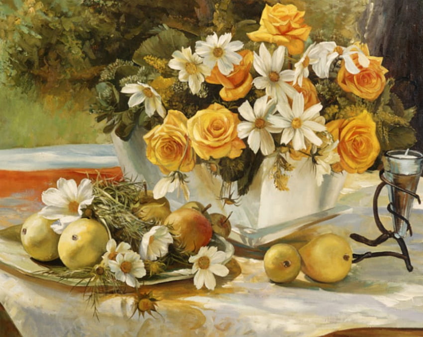 Farbblick, Tisch, Rosen, Fenster, Kerze, Vase, Obst, Blumen, Tuch HD-Hintergrundbild