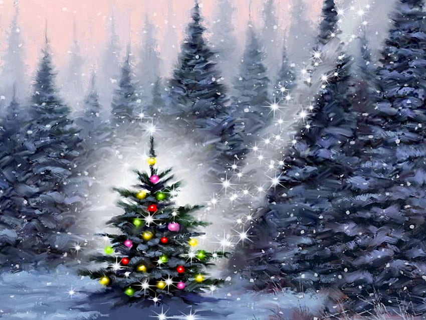 Christmas tree in snowy forest, art, peaceful, beautiful, serenity, snowflakes, holiday, painting, snowfall, snow, lights, christmas, trees, forest HD wallpaper