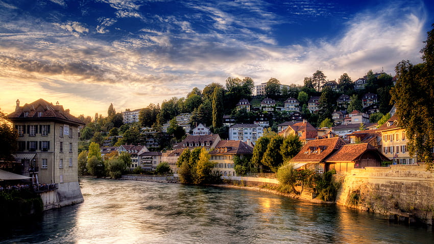 Beautiful Place, river, town, colors, peaceful, houses, sunrise, beauty, buildings, reflection, trees, water, switzerland, bern, sunset, architecture, city, house, landscape, r, beautiful, leaves, pretty, building, view, clouds, nature, sky, lovely, splendor HD wallpaper