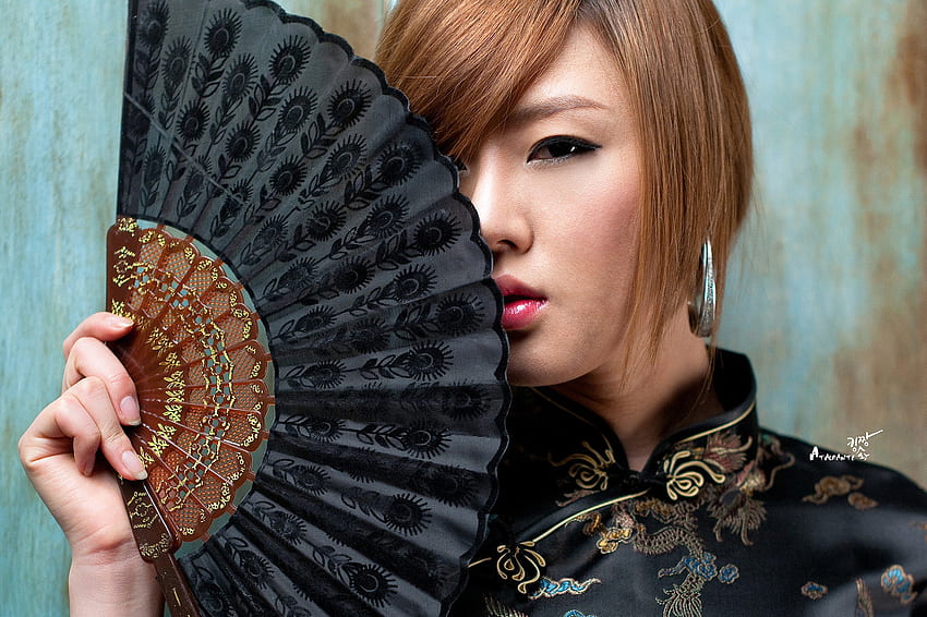 Hwang Mi Hee, kimono, negro, modelo, asiático, bonito fondo de pantalla