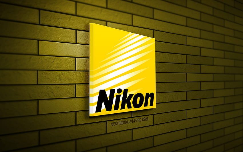 Logo Nikon 3D, muro di mattoni giallo, creativo, marchi, logo Nikon, arte 3D, Nikon Sfondo HD