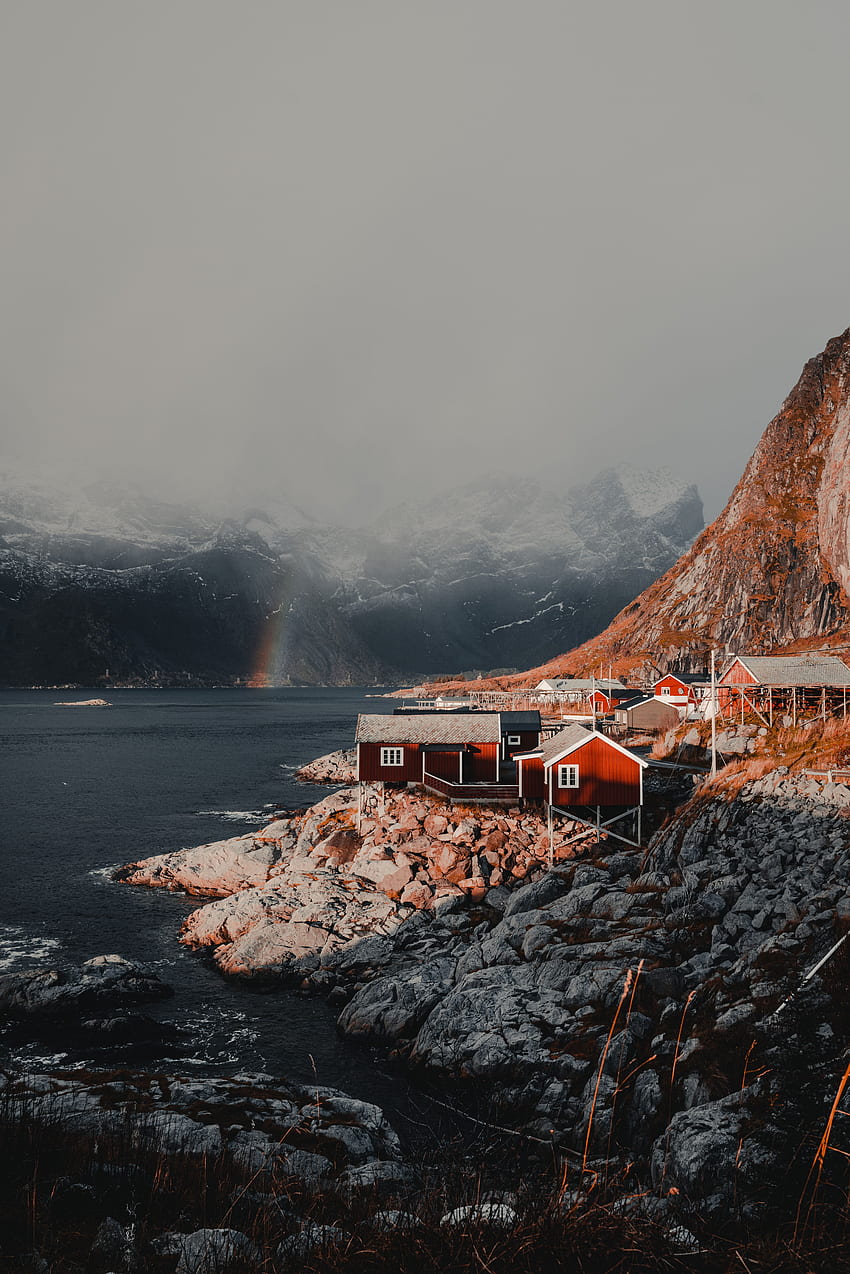 Natureza, Casas, Montanhas, Arco-íris, Nevoeiro, Noruega, Casas Pequenas, Ilhas Lofoten Papel de parede de celular HD