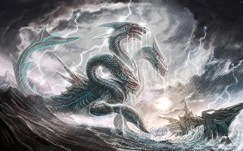 Sea Dragon, 3 Heads, Lightning, Storm, Clouds for MacBook Pro 15 inch HD wallpaper