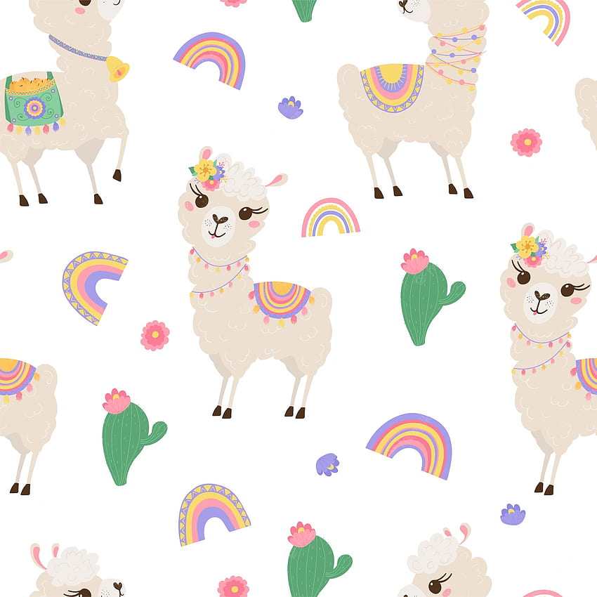 Premium Vector. Seamless pattern with cute llamas, rainbow and cacti. background with funny alpaca babies for textiles, children's clothing, . vector illustration, Cute Rainbow Animal HD phone wallpaper