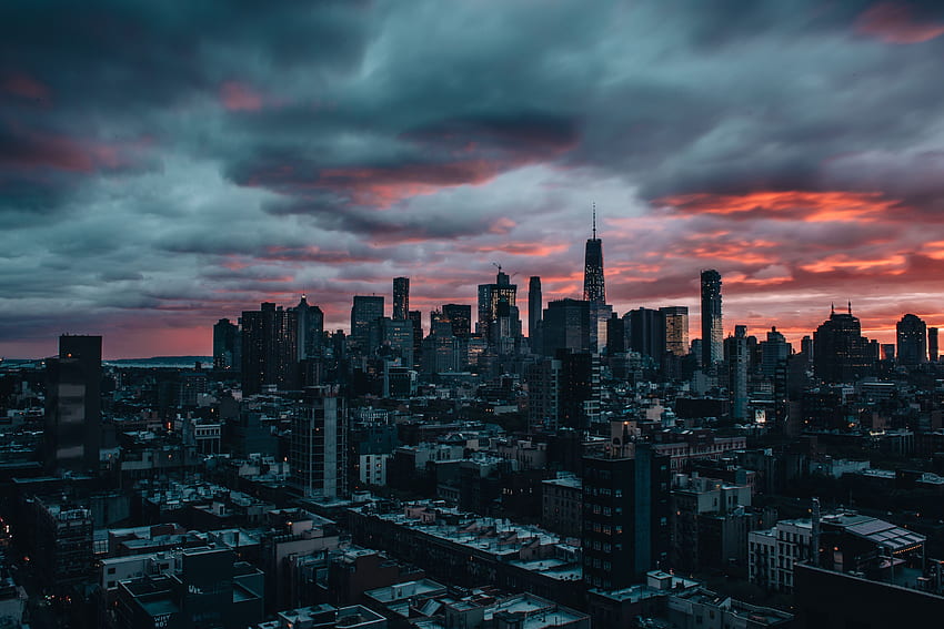 Città, crepuscolo, nuvole, città, grattacieli, crepuscolo, New York Sfondo HD