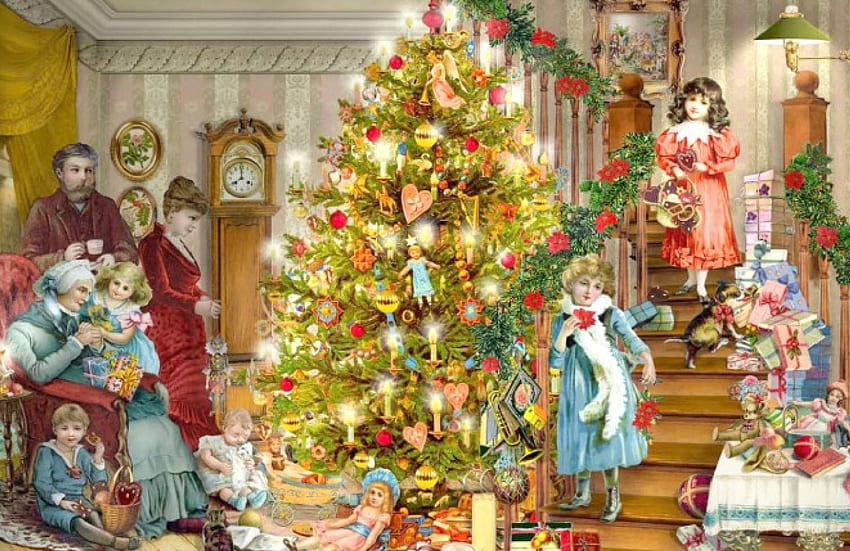 Boże Narodzenie rano, rodzina, zabawki, chłopiec, Boże Narodzenie, dziewczyny, drzewo Tapeta HD