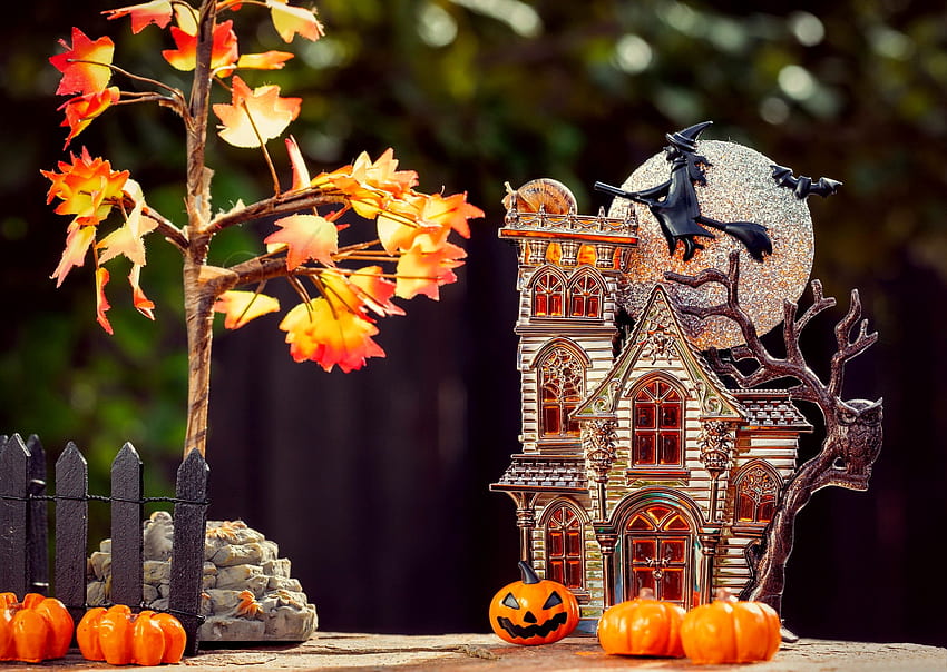Честит Хелоуин!, нощ, хелоуин, октомври, тиква, есен, омагьосан, прилеп, замък HD тапет