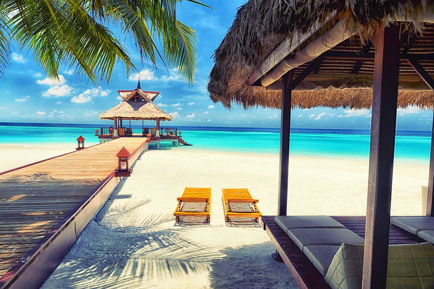 Tropical Beach, Palmen, Ferien, Paradies, schön, Gehweg, Strand, Sommer, Resort, Meer, weißer Sand HD-Hintergrundbild