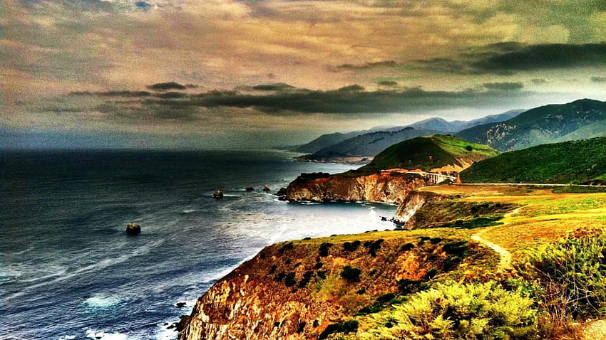 big sur on california coast r, sea, coast, clouds, bridge, mountains HD wallpaper