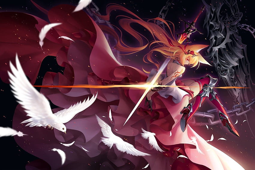 anime, Anime Girls, Sword, Birds, Original Characters, Kitsunemimi HD wallpaper