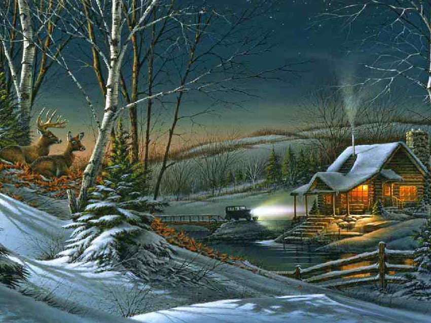 友達との夕べ、夜、冬、クリーク、テリー・レドリン、キャビン、白樺、雪、鹿、橋 高画質の壁紙