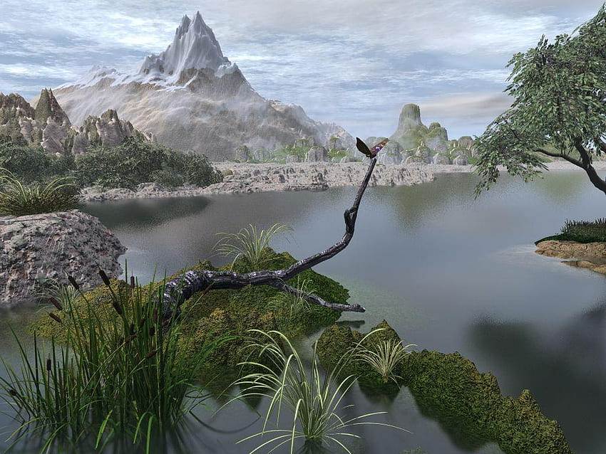 3D nature, fantasy, sky, grass, lake, tree, mountain HD wallpaper