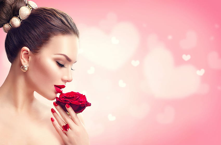 Happy Valentine's Day!, model, girl, hand, anna subbotina, woman, valentine, rose, pink, flower, red, card, trandafir HD wallpaper