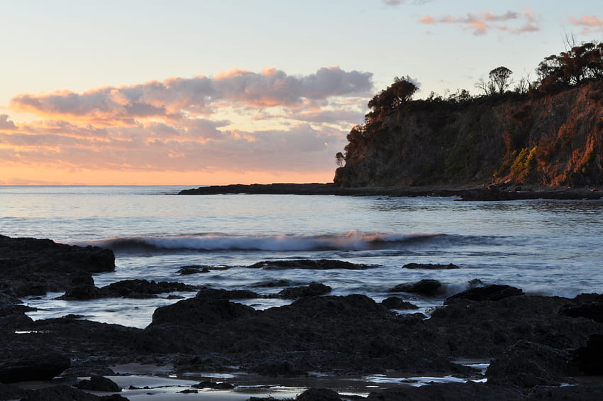 로즈데일 해변의 일출, 호주, 분홍색, 파도, 구름, 물, 일출, 해변 HD 월페이퍼