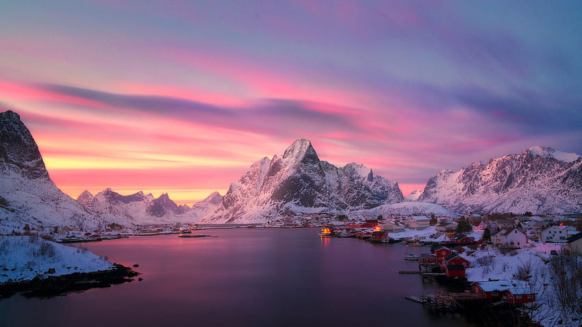 Lofoten Norvegia Il Villaggio Di Pescatori Di Reine Al Crepuscolo Per Tablet Cellulari Laptop E, Norvegia Natura Sfondo HD