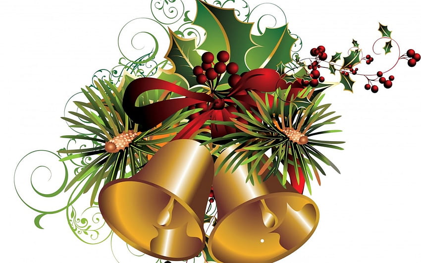 Merry Christmas!, bell, golden, white, craciun, christmas, green, red, card HD wallpaper