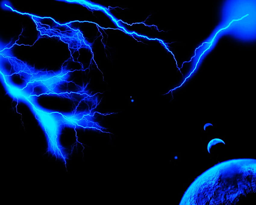 Electric space, blue, electric, neon, planets, lightening, flashes, space HD wallpaper